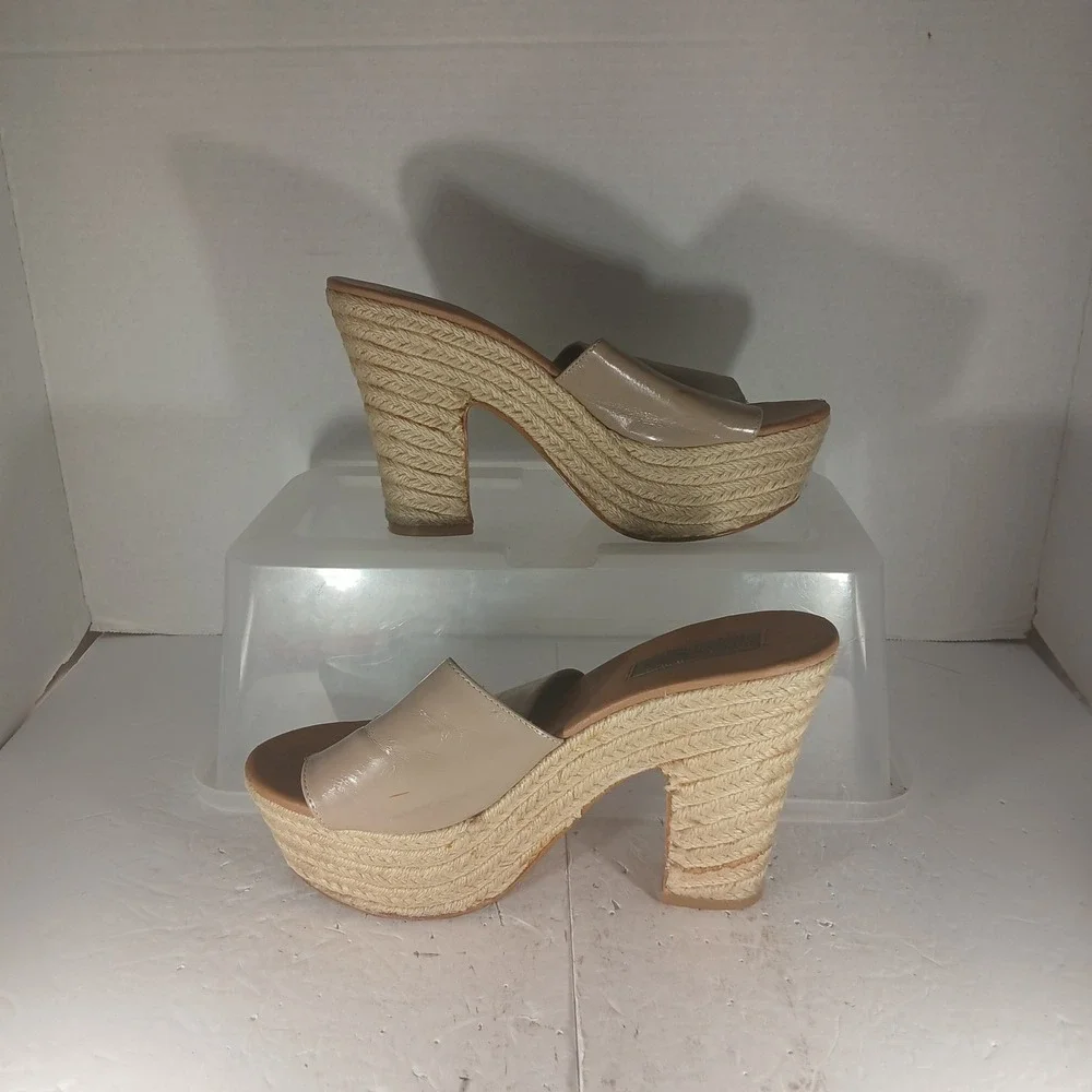 Steve Madden P-Korbi Platform Slide 7.5M Tan Espadrille Wedge Patent Boho Y2K